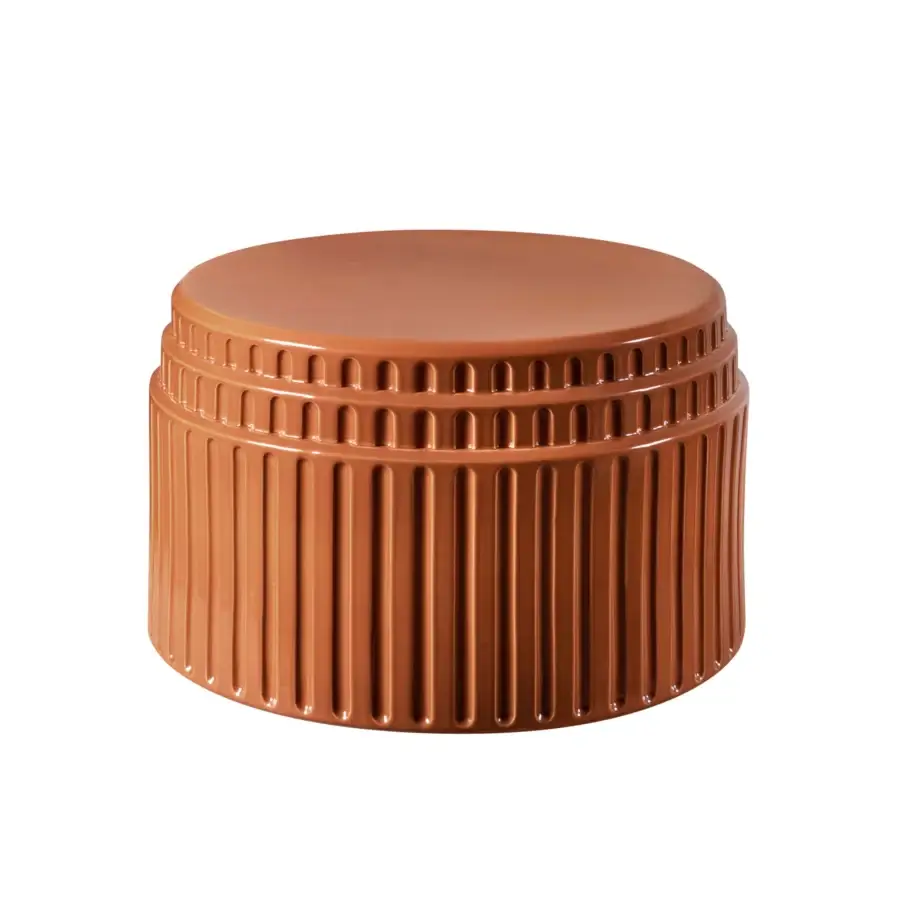 Elegant Miniforms Kolos coffee table in plaster exhibits a glossy terracotta-like hue with arched recesses and vertical ridges