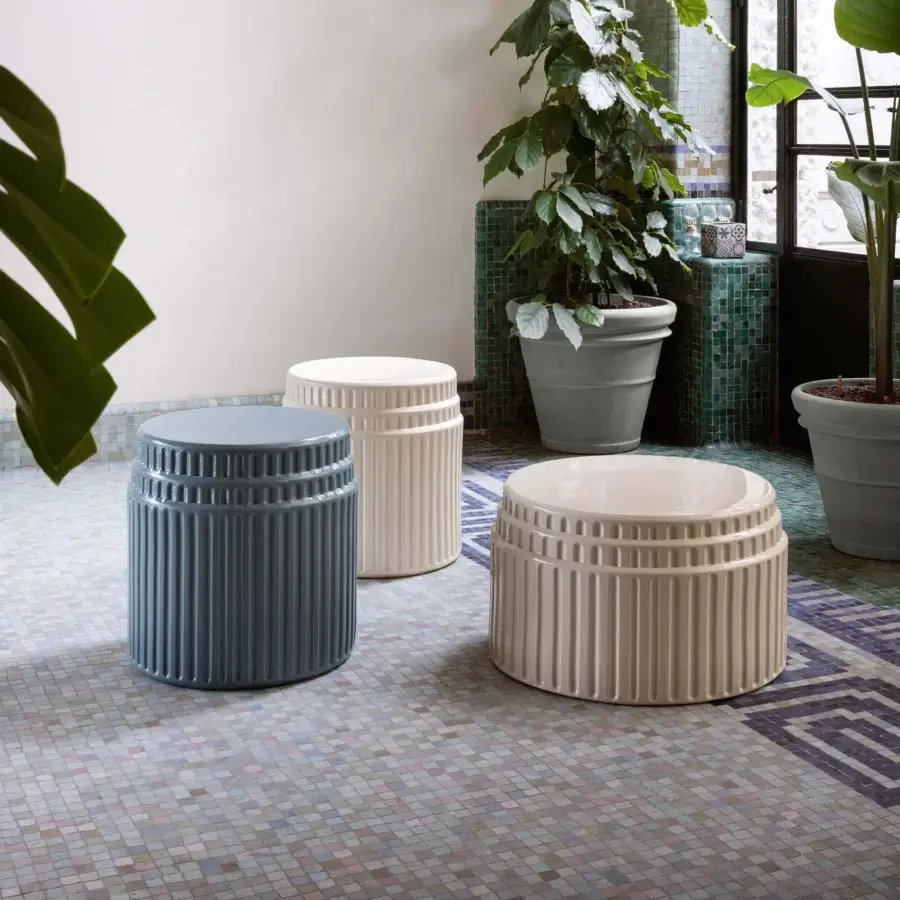 Exceptional Miniforms Kolos coffee table crafted in light beige glazed ceramic with polished vertical rib detailing