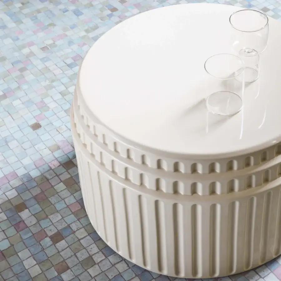 Captivating Miniforms Kolos coffee table crafted in light cream plaster with a glossy, ridged tiered body