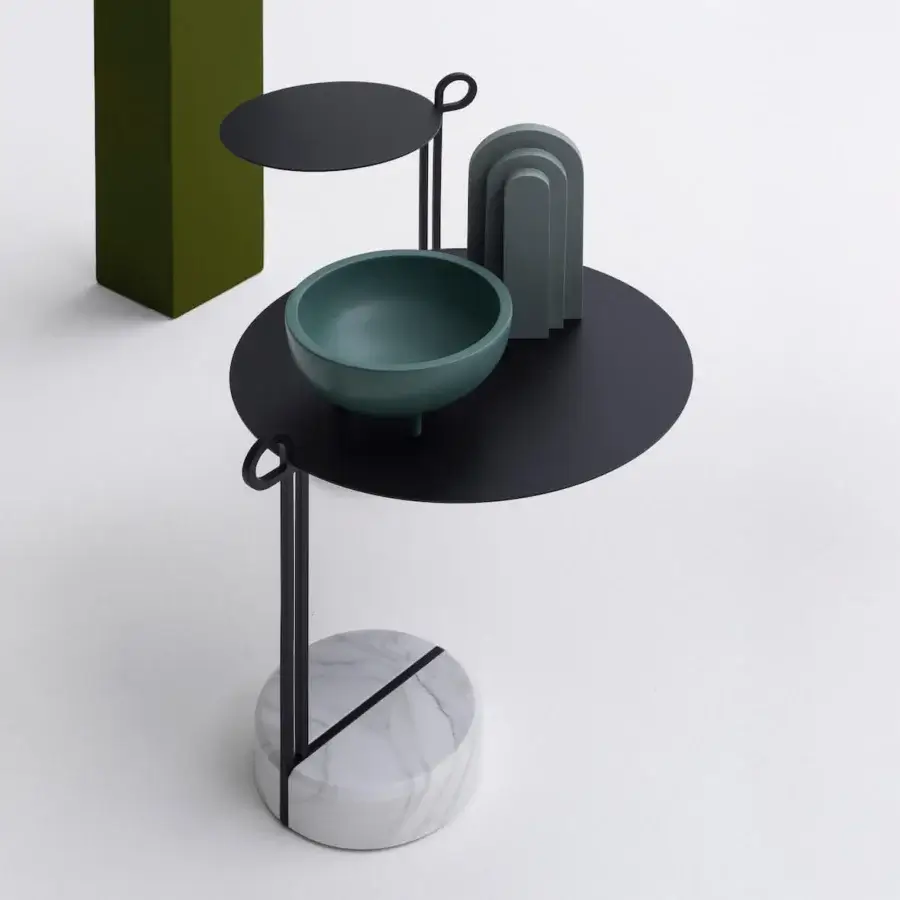 Sophisticated Bross Loop side & coffee table with a looping slender profile in brushed bronze and black Marquina marble base