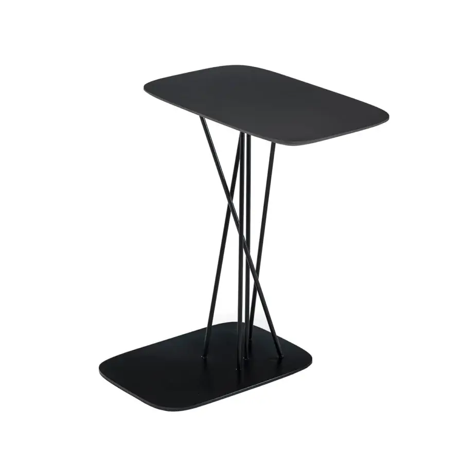 Elegant Bross Mika side table with slender black metal rods binding Phoenix black surfaces crafted in Italy