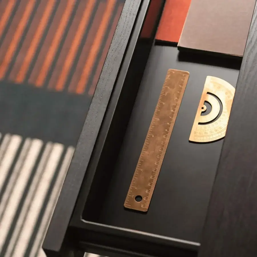 Distinguished Bross Rohe desk in black lacquered metal with a dark ashwood top and fabric drawer detail