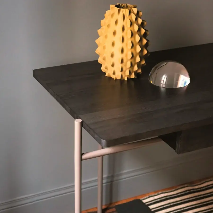 Exceptional Bross Rohe desk crafted in premium ashwood with dark brown finish and light pinkish-beige lacquered metal structure