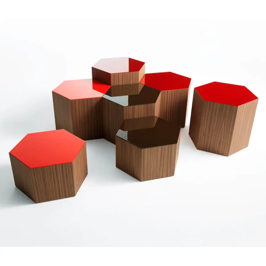 Distinguished Bross Six coffee table with a hexagonal form in walnut and glossy lacquered red