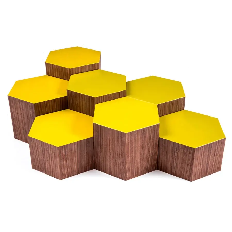 Exceptional Bross Six coffee table with a walnut frame and glossy lacquered hexagonal prisms in yellow and brown tones