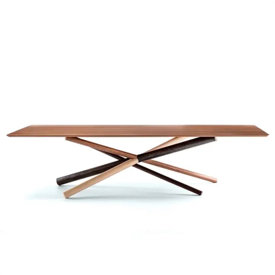 Superior Bross W table crafted in American walnut, white aniline oakwood, and stained heat-treated oak with a sculptural base