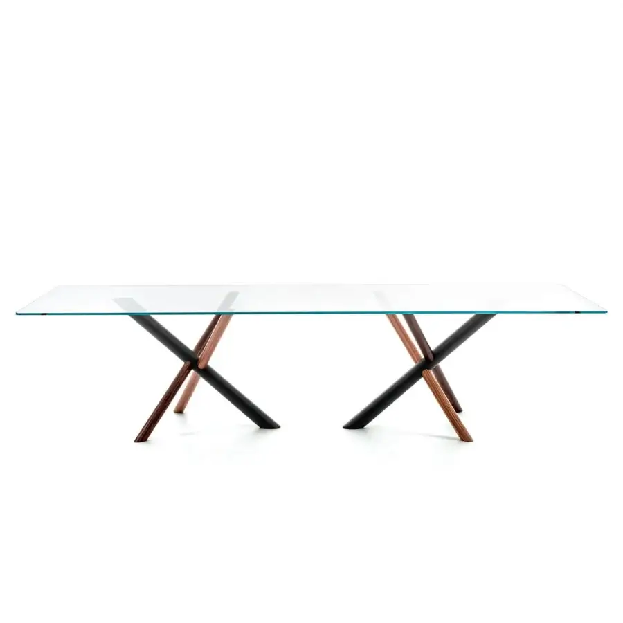 Exceptional Bross W table crafted with a glass top and American walnut with metal in RAL 7016 exhibiting a geometric aesthetic