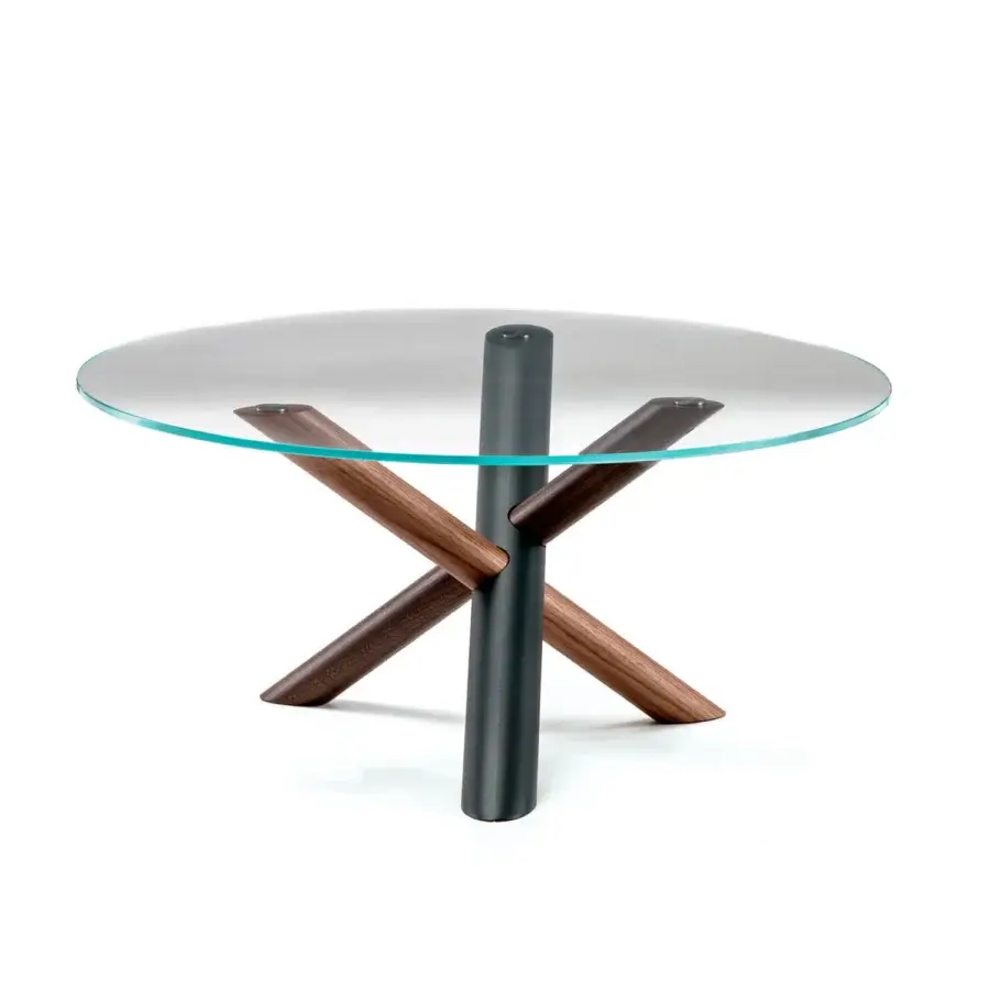 Superior Bross W coffee table crafted with a clear glass top and intersecting American walnut supports in RAL 7016 metal