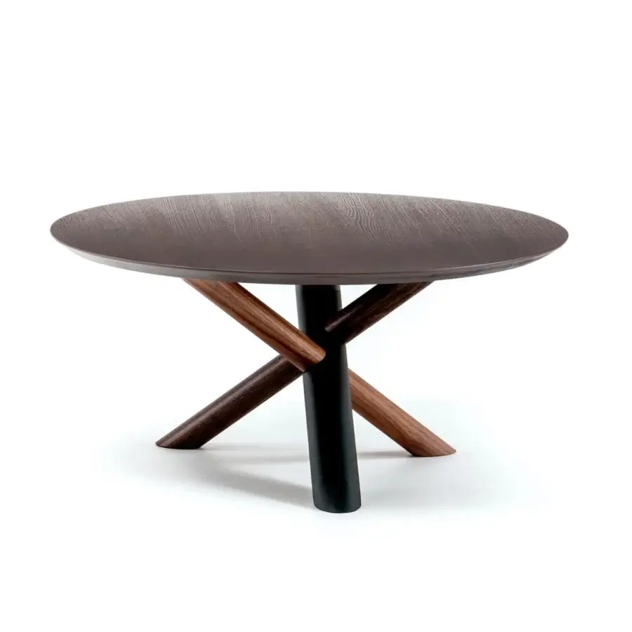 Distinguished Bross W coffee table with stained heat-treated oak and matte black metal, exhibiting remarkable chromatic contrast and clean lines