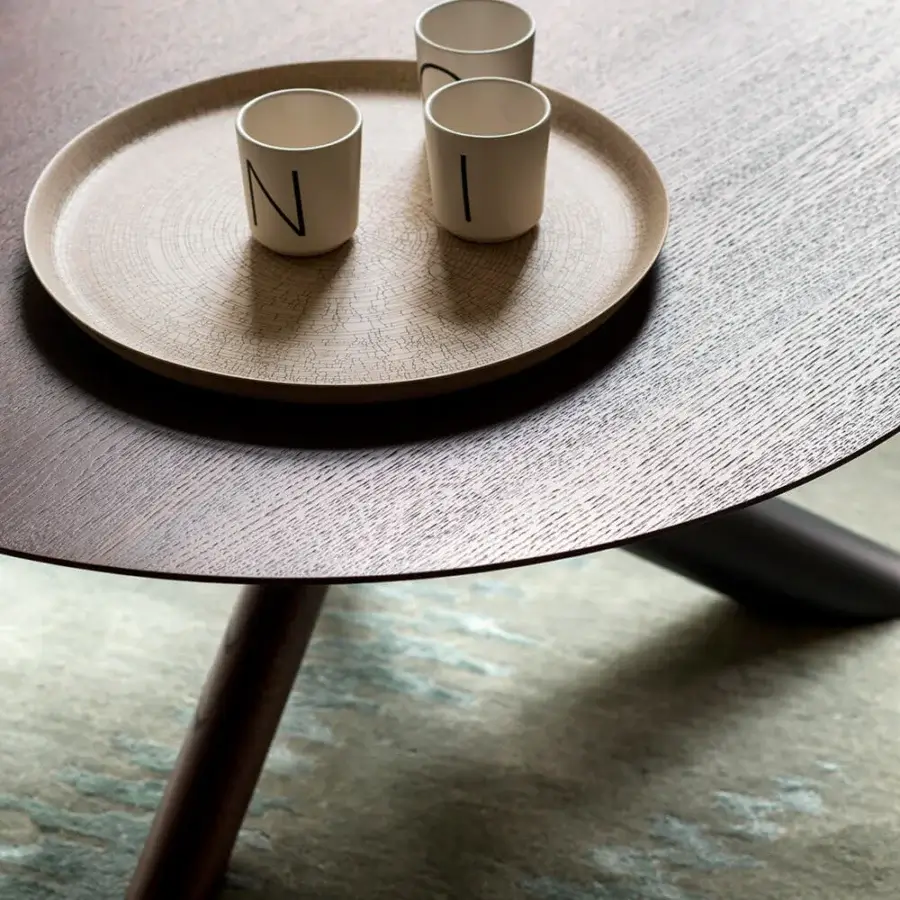 Distinguished Bross W coffee table with stained heat-treated oak top and visually appealing base in a matte finish