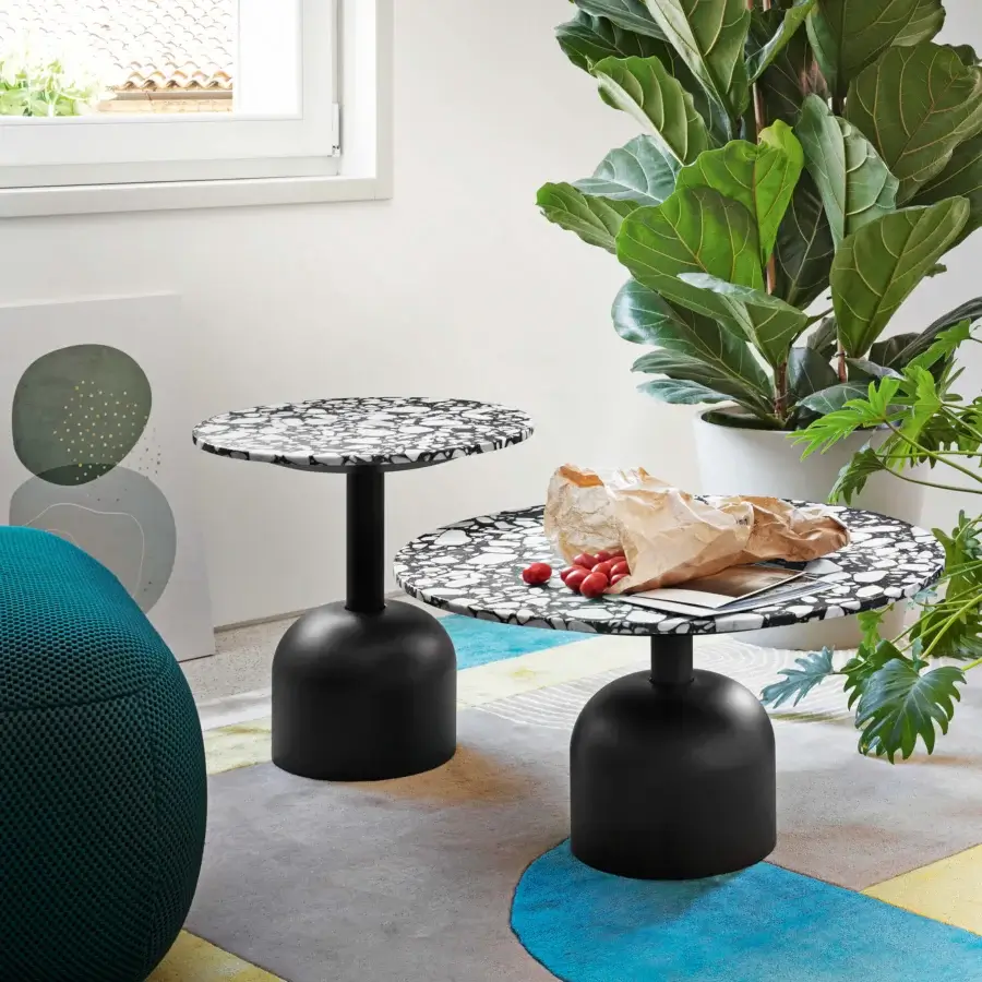 Distinguished Miniforms Illo coffee table with terrazzo-like patterned tabletop and matte black bulbous base