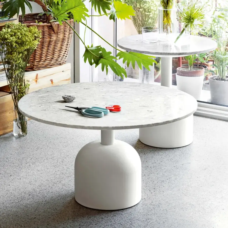 Exceptional Miniforms Illo coffee table with speckled terrazzo-like top and matte white cylindrical base