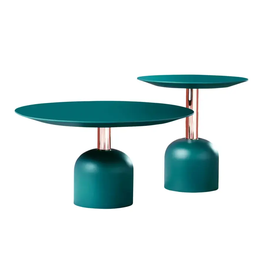 Elegant Miniforms Illo coffee table with teal tabletop and base paired with copper-colored support post
