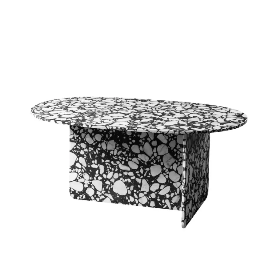 Distinguished Miniforms Chap coffee table crafted in Palladio Moro marble with a high-contrast black and white terrazzo pattern