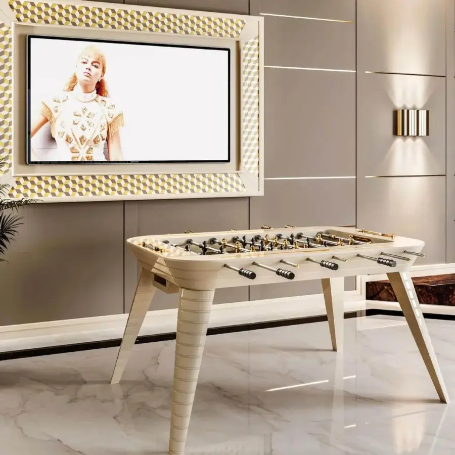 Exceptional Vismara Stadium foosball with glossy lacquered wood, extra light tempered glass playing field and gold black nickel plated players