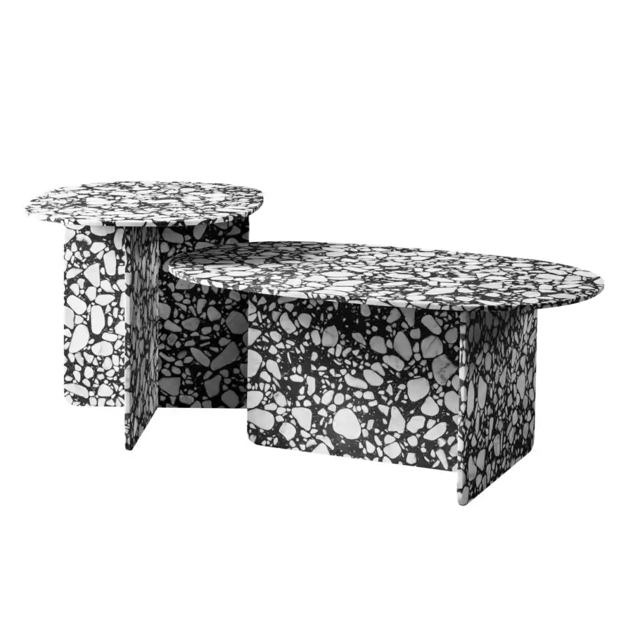 Elegant Miniforms Chap coffee table crafted in terrazzo-like material with interlocking oval and circular forms and matte finish