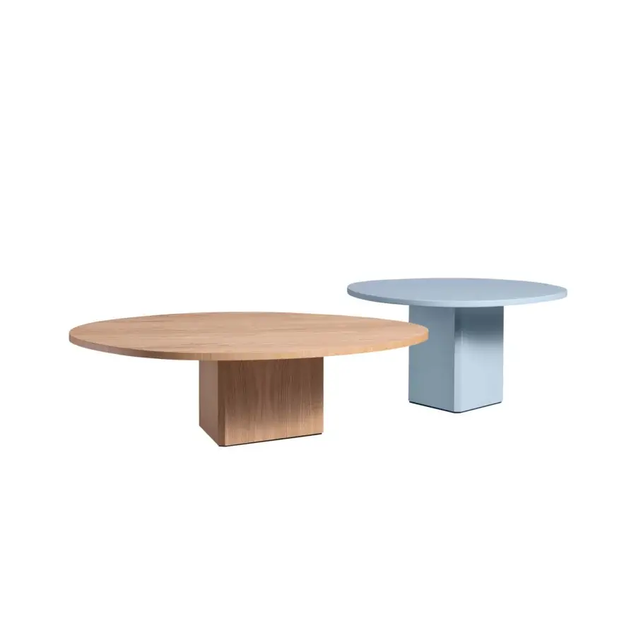 Elegant Miniforms Albio coffee table with a round wooden top and square wooden base, showcasing a matte finish