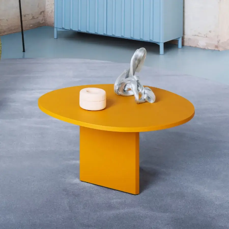 Distinguished Miniforms Albio coffee table crafted in wood with a matte yellow finish and faceted base