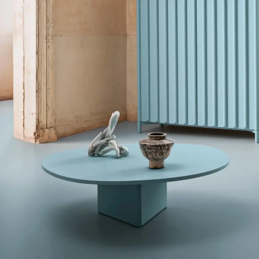 Exceptional Miniforms Albio coffee table crafted in wood with a light blue round top and lacquer finish