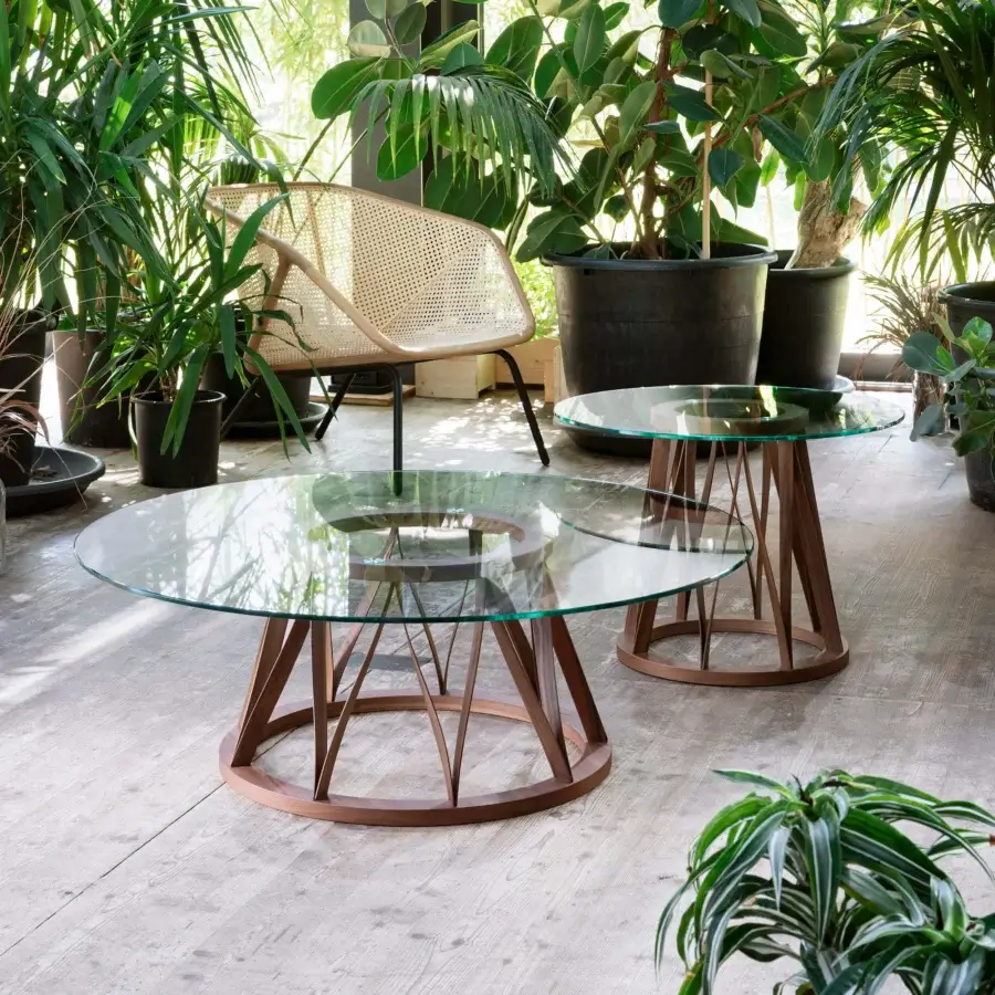 Distinguished Miniforms Acco coffee table with a round glass top and sinuous medium-brown toned wooden base crafted in Italy