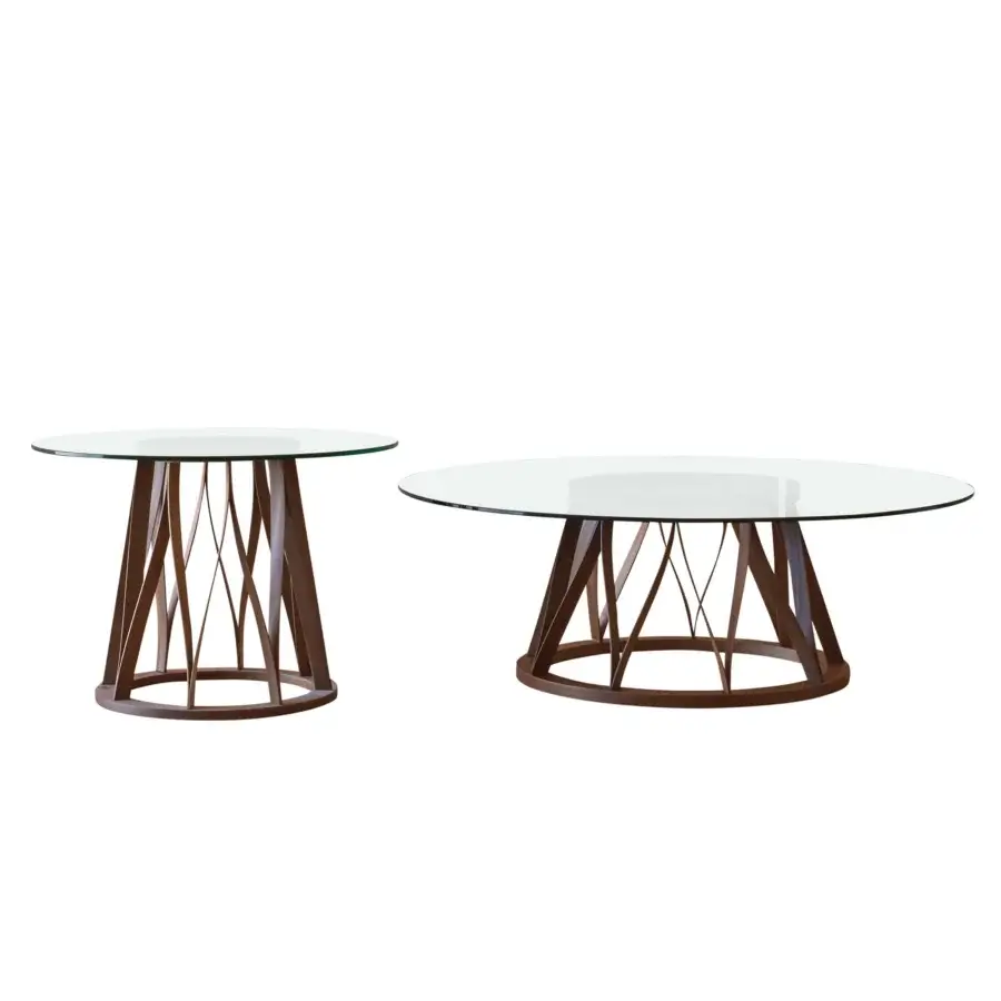 Superior Miniforms Acco coffee table with a clear glass top and interwoven dark-toned wooden base crafted in Italy