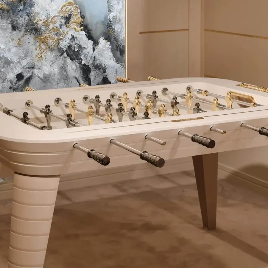 Distinguished Vismara Stadium foosball crafted in matte lacquered wood with precision aluminum players, one team gilded in 24kt gold and the other black nickel plated