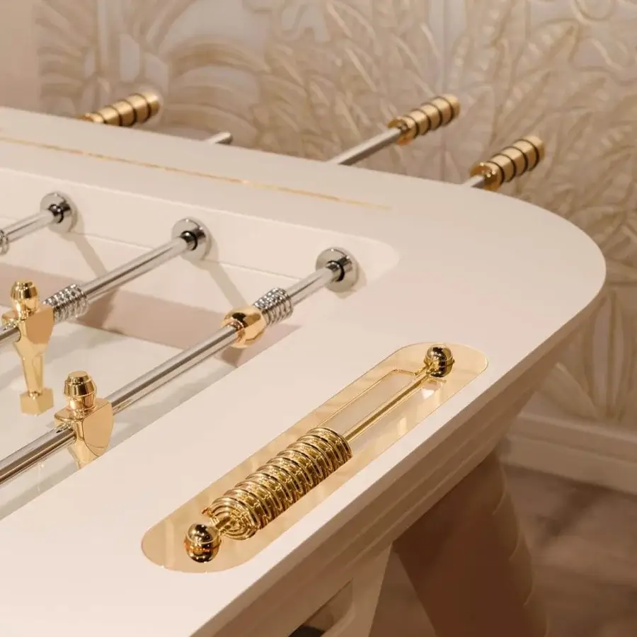 Superior Vismara Stadium foosball built with glossy white lacquered wood and gold chrome plated aluminum players
