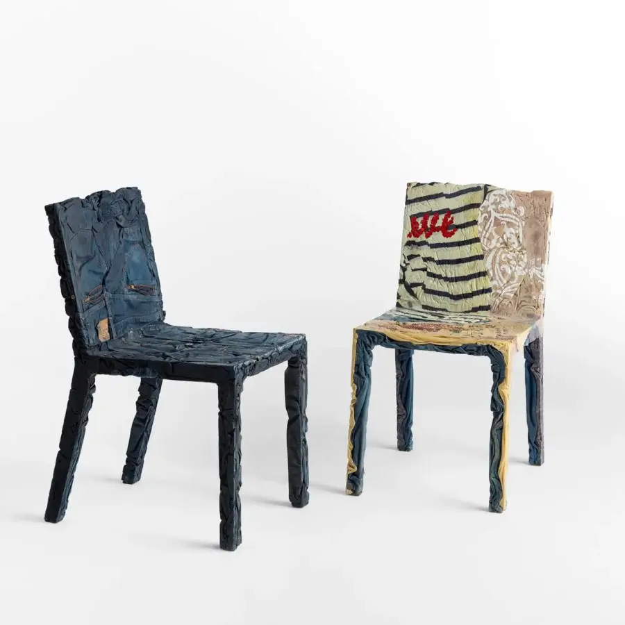Avant-garde Casamania Rememberme chair crafted in Italy with vibrant jeans and cotton t-shirt medley plus hardening resin