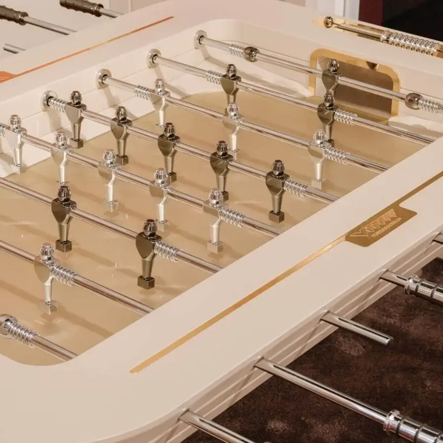 Exclusive Vismara Stadium foosball built with lacquered wood, tempered glass, 24kt gold and black nickel plated aluminum players with matte finish