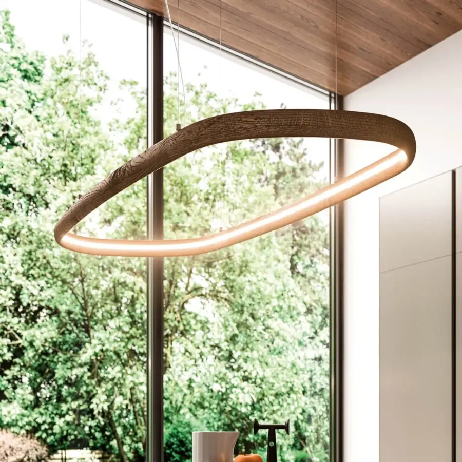 Captivating Ozzio Italia Atollo suspension lamp with a closed-loop form in solid wood and matte finish ensuring uniform light emission