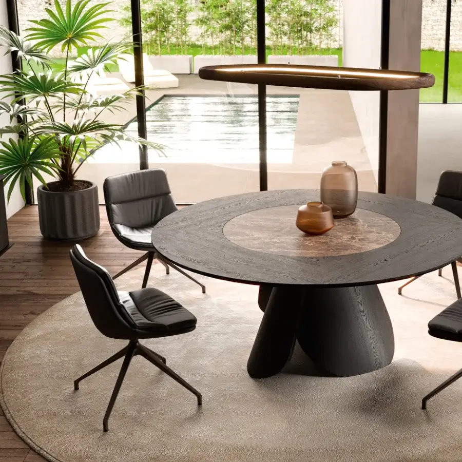 Exceptional Ozzio Italia Atollo suspension lamp with elongated oval form crafted in dark brown wood-like material