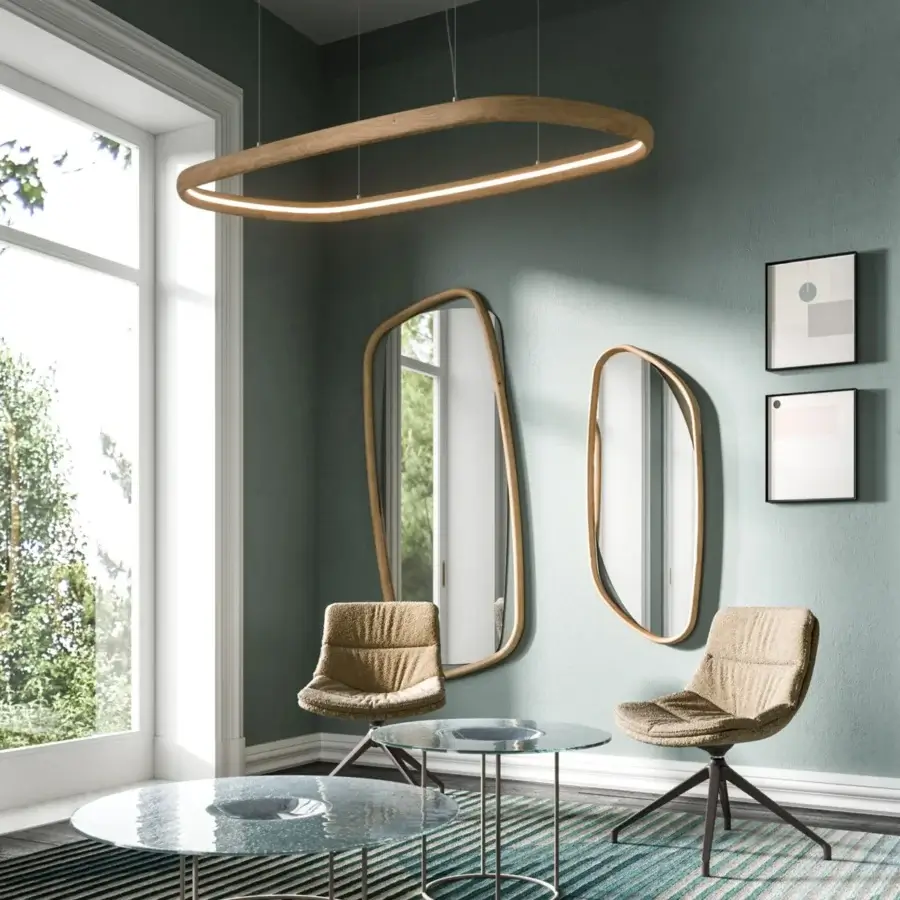 Superior Ozzio Italia Atollo suspension lamp crafted in solid wood with a light natural finish and embedded illumination