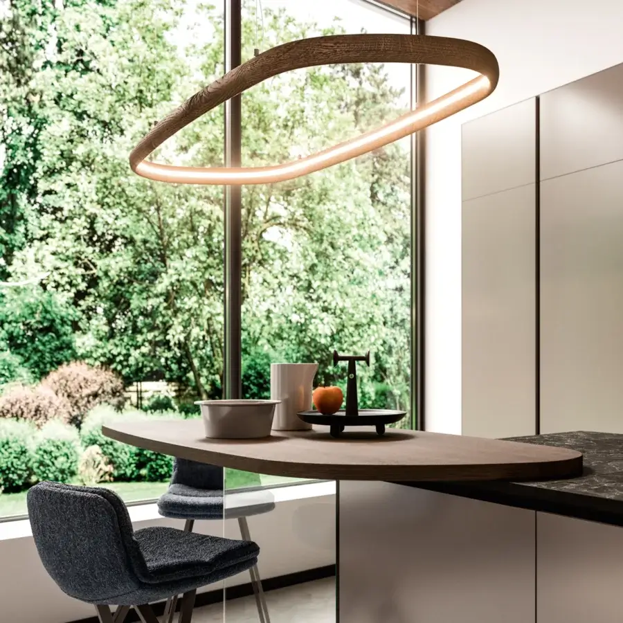 Elegant Ozzio Italia Atollo suspension lamp crafted in solid wood with matte finish emitting a warm golden glow