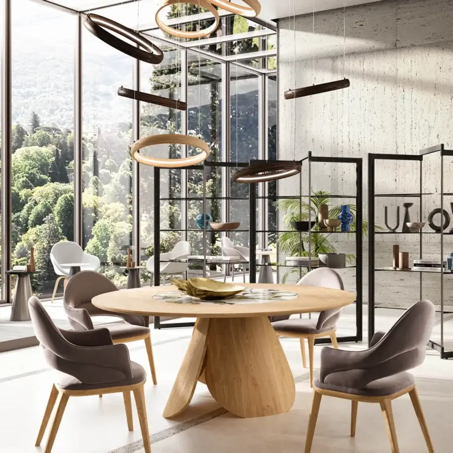 Elegant Ozzio Italia Ring Light suspension lamp crafted in light-toned wood with uniformly diffused illumination from thin cables
