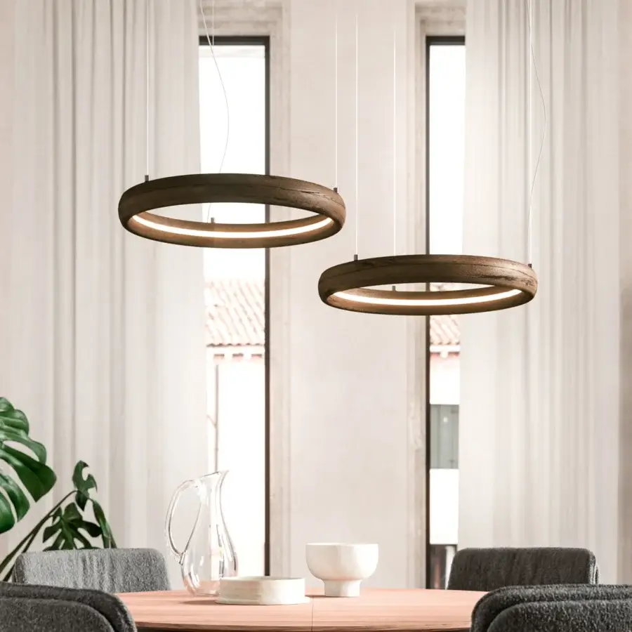 Distinguished Ozzio Italia Ring Light suspension lamp crafted in solid wood with a textured matte medium-brown finish