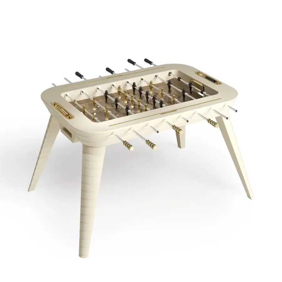 Elegant Vismara Stadium foosball built with lacquered wood and 24-kt gold plated players in a matte finish