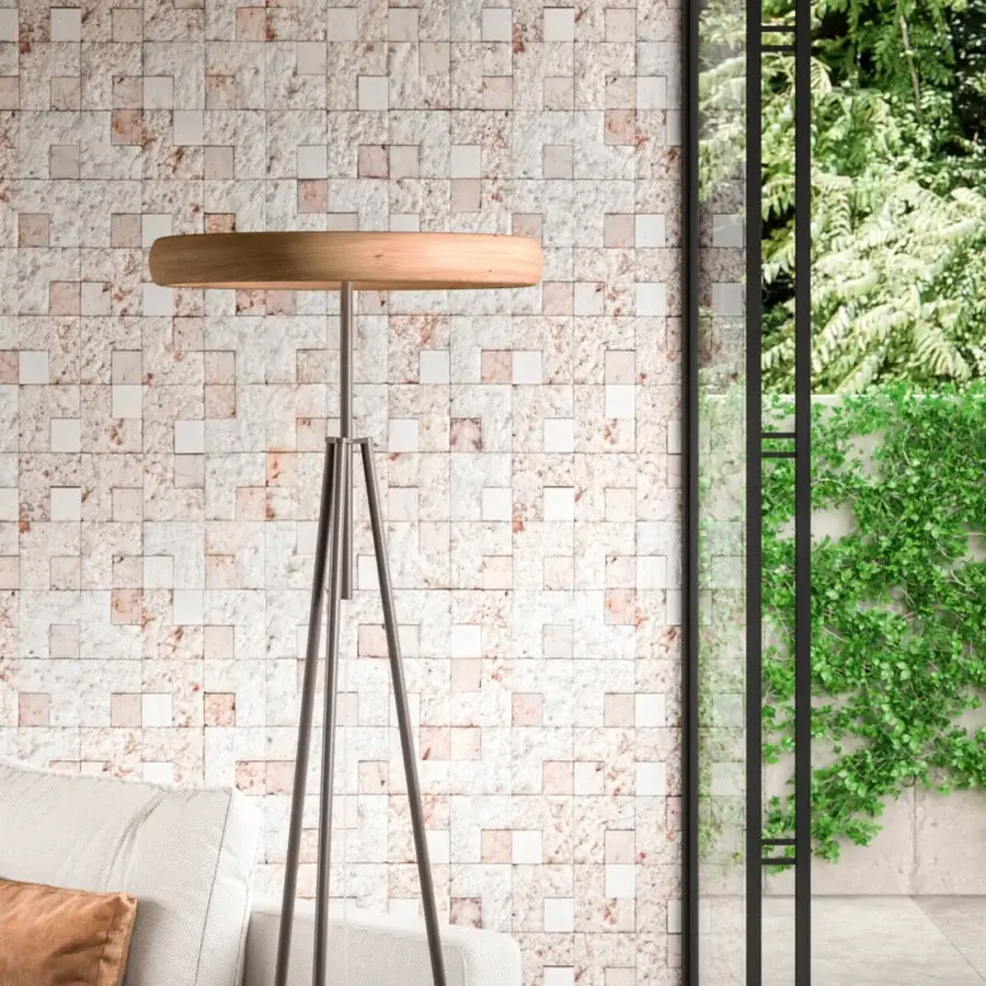 Exceptional Ozzio Italia Discovery floor lamp with slender dark metal silhouette and light wood-toned lampshade in matte finish