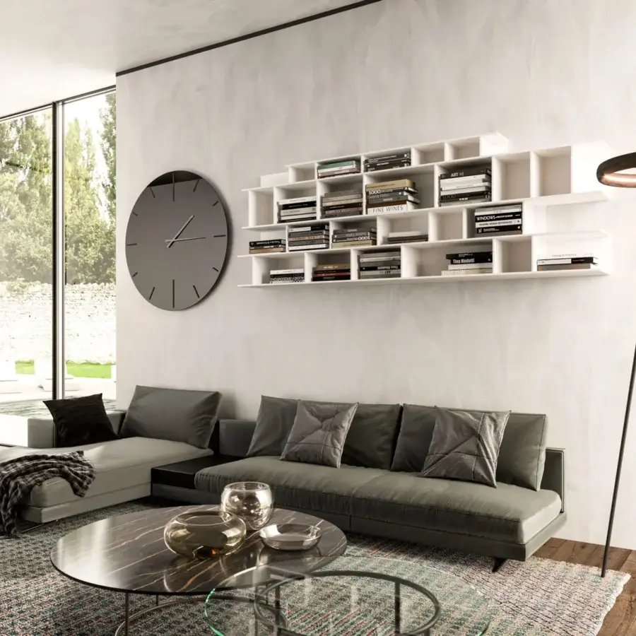 Superior Ozzio Italia Discovery floor lamp with dark metal tripod legs and wood-like finish on its illuminated circular head