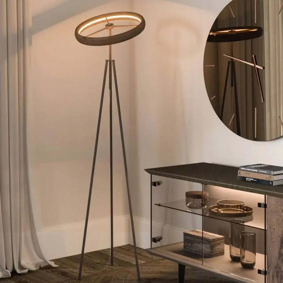 Distinguished Ozzio Italia Discovery floor lamp with a circular form and dark-toned metal tripod base with matte finish providing homogeneous light diffusion