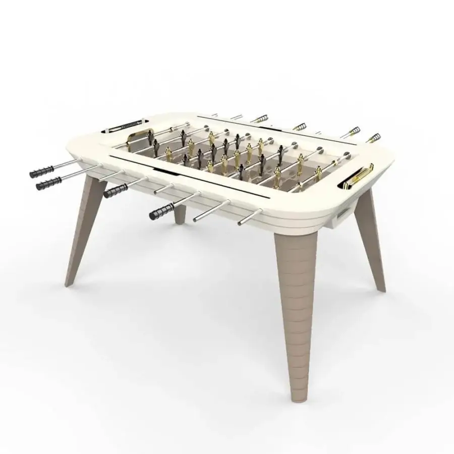 Distinguished Vismara Stadium foosball built with lacquered wood, aluminum players plated in 24kt gold and black nickel with a matte finish