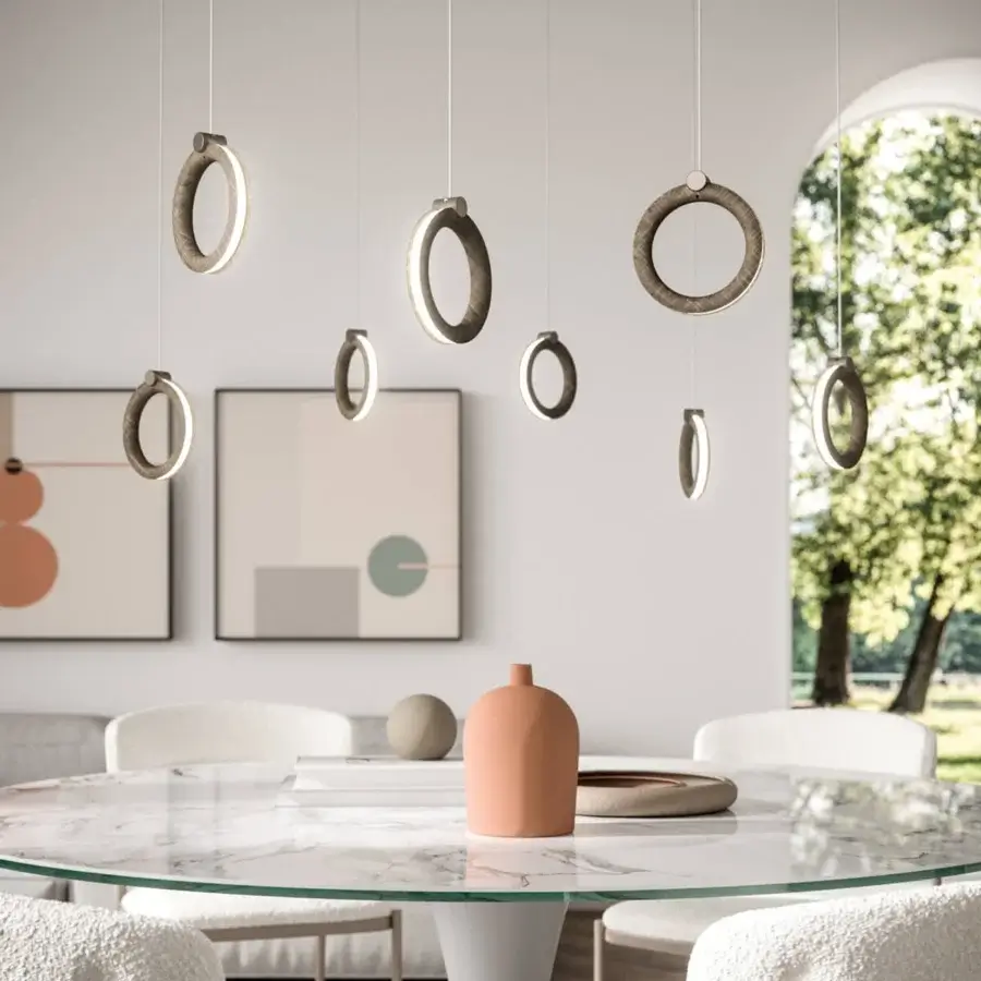 Exceptional Ozzio Italia Sole suspension lamp crafted in wood with visible grain suspended by thin wires