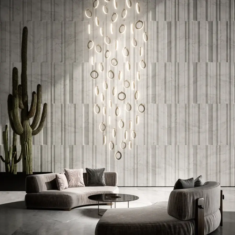 Exceptional Ozzio Italia Sole suspension lamp illuminated with light gold rings and a cascading finish