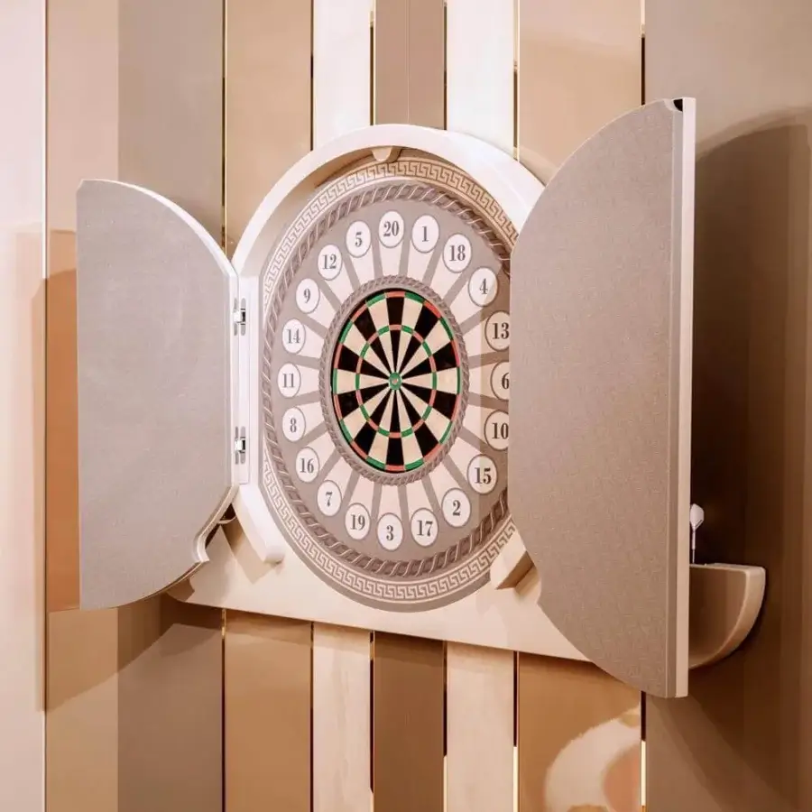 Exceptional Vismara Argo dartboard cabinet crafted with lacquered wood and African sisal in an off-white matte finish