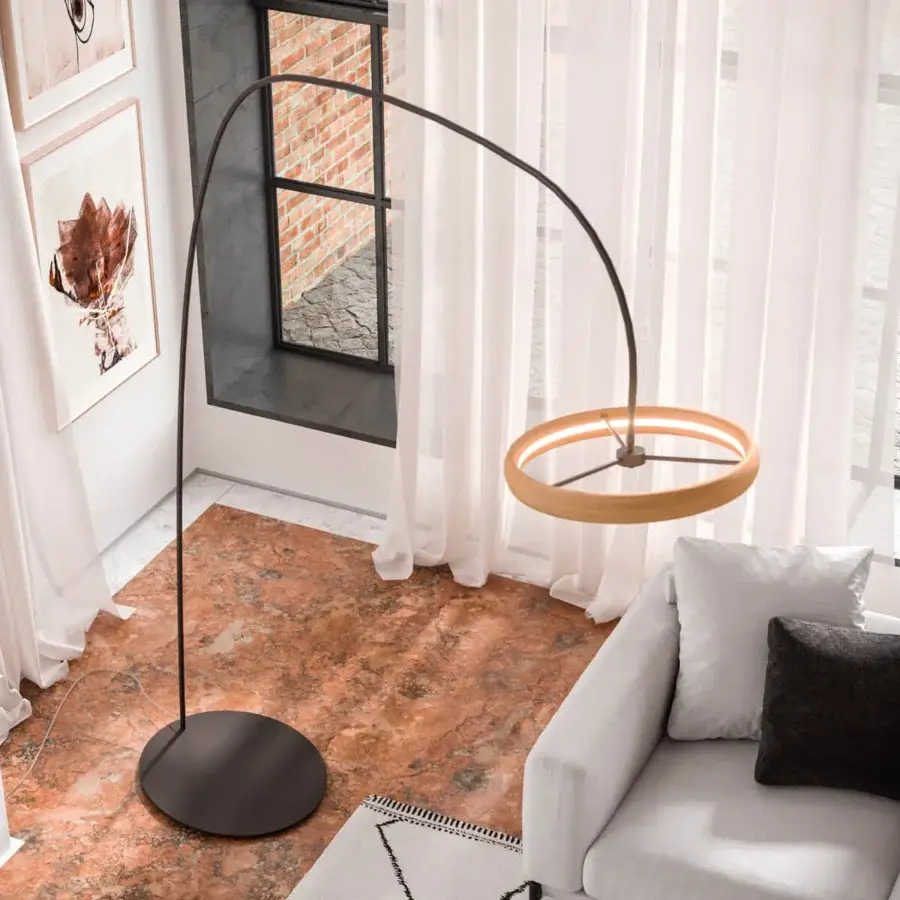 Superior Ozzio Italia Astrum floor lamp with arched metal support and circular wooden light element in matte tone