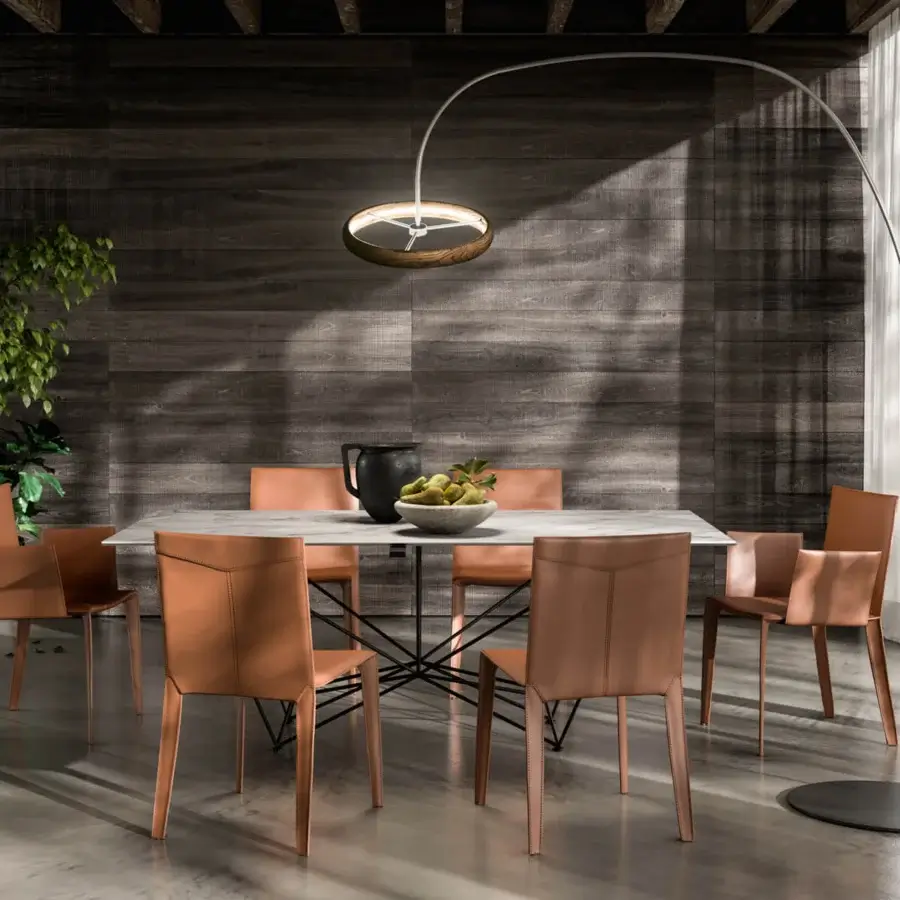 Distinguished Ozzio Italia Astrum floor lamp with a dark matte metal arm and circular lampshade crafted in wood and light-toned material