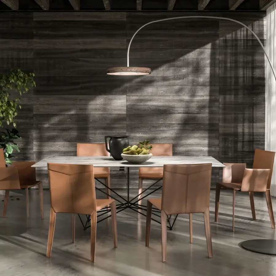 Exceptional Ozzio Italia Astrum floor lamp with a dark metal base and light-toned support suspending a circular lamp head with wooden edging