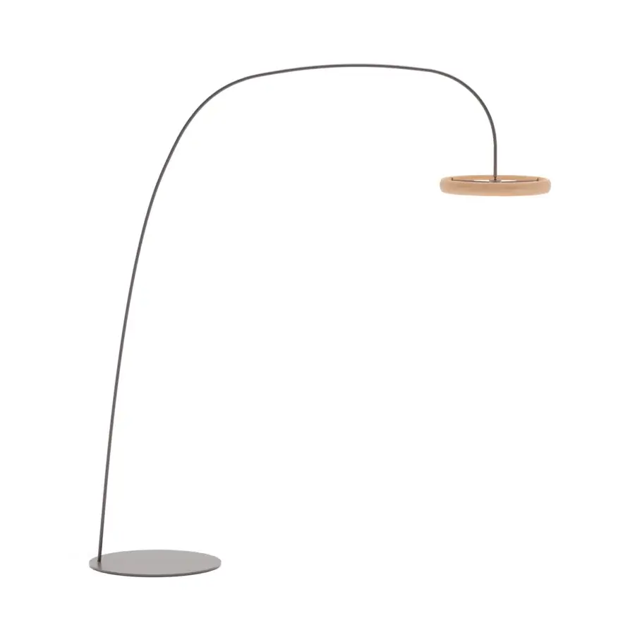 Distinguished Ozzio Italia Astrum floor lamp with soft lines and a natural wood-toned light diffuser in muted gray metal finish