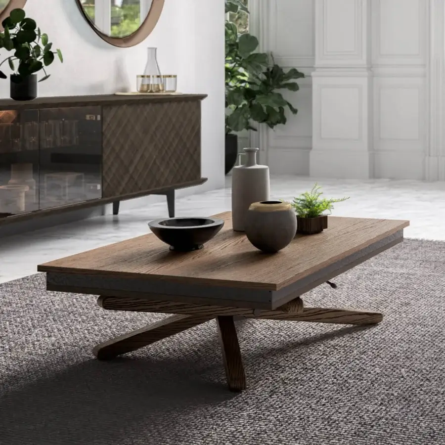 Elegant Ozzio Italia Jolly transformable coffee table with crossed wooden base and medium-toned brown wood-grain surface crafted in Italy
