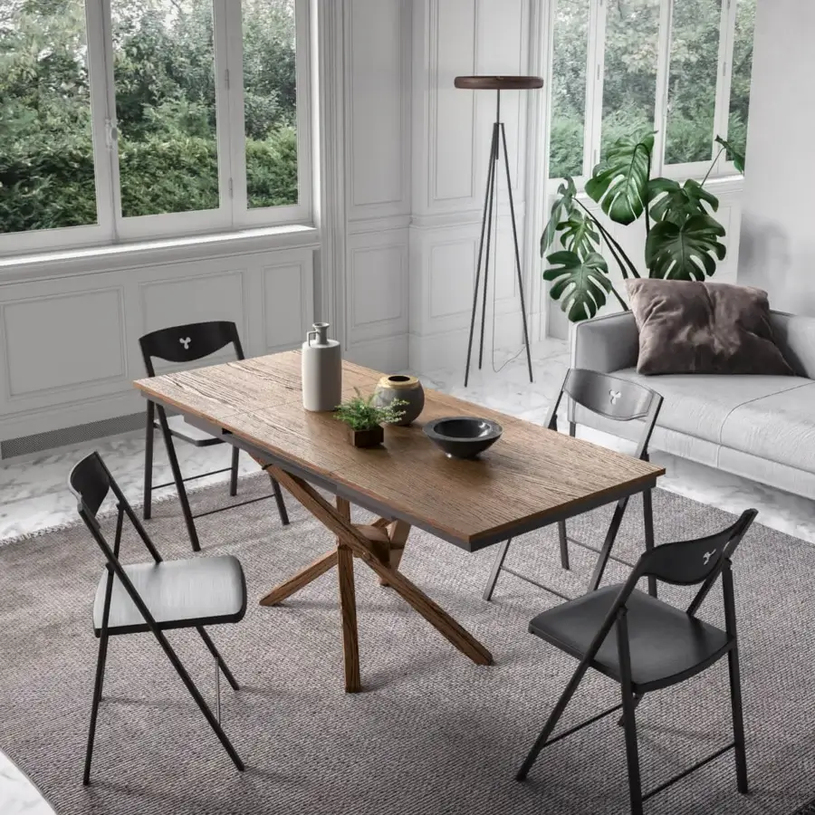 Exceptional Ozzio Italia Jolly transformable coffee table with crossed wooden base and medium brown tabletop crafted with a textured matte finish