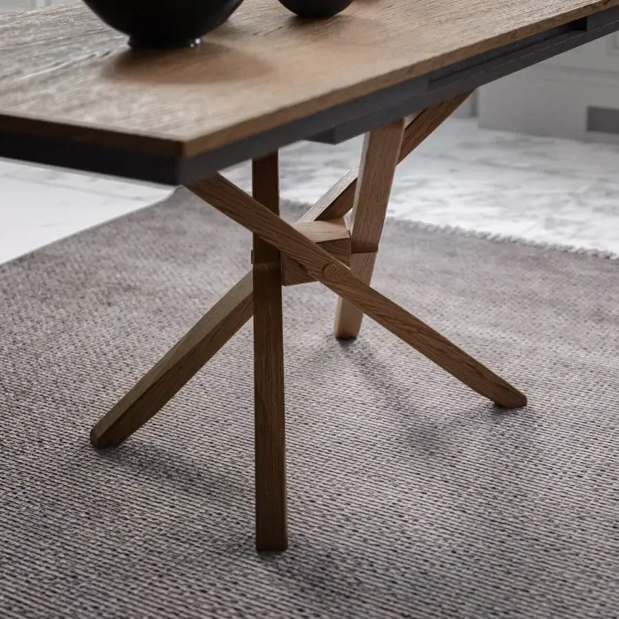 Superior Ozzio Italia Jolly transformable coffee table with warm brown tabletop and geometrically interesting wooden base